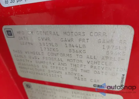 1994 Chevrolet Corvette z USA, uszkodzony, nr VIN 1G1YY22P6R5111291